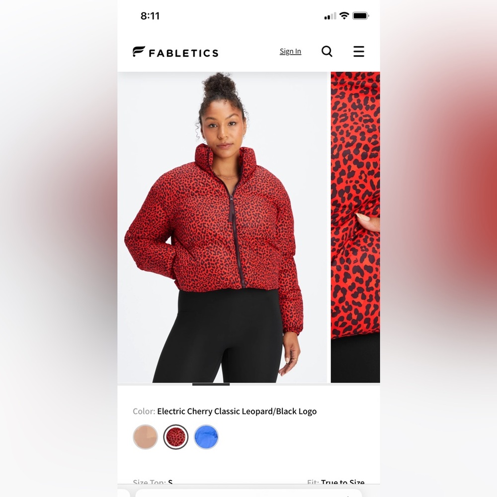 Fabletics red cheetah print puffer